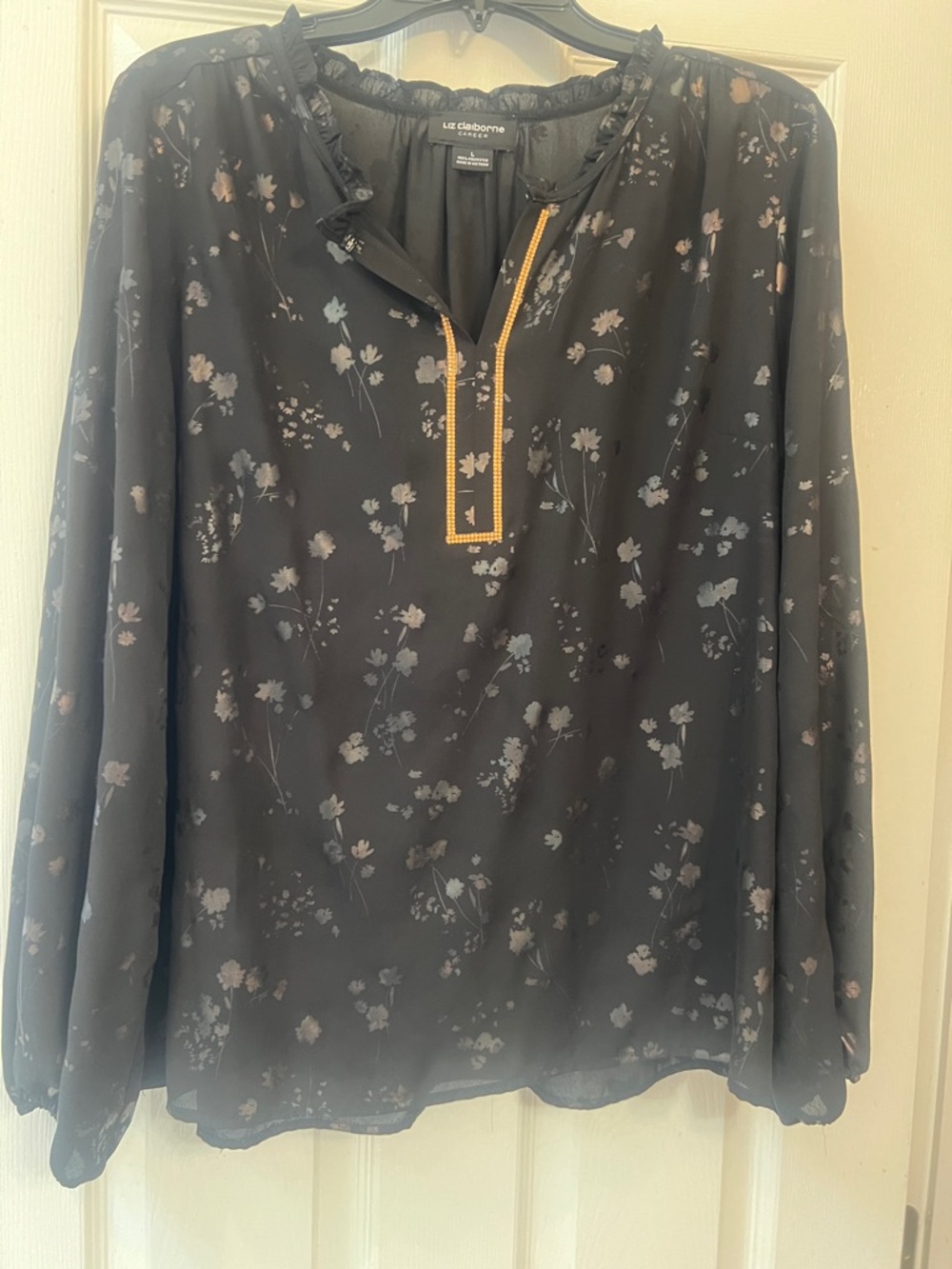 Liz Claiborne Black Floral Long-Sleeve Split-Neck Blouse with Gold Trim